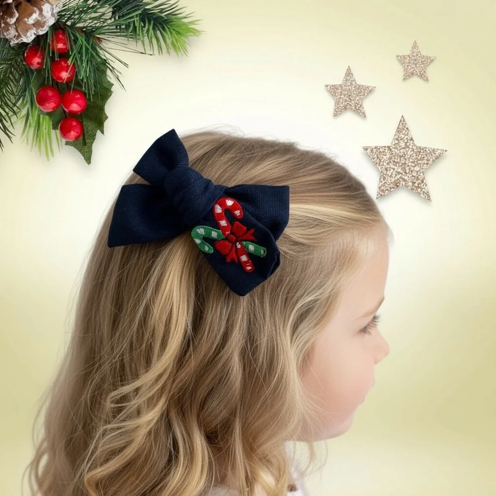 Candy cane Embroidered Hair Bow For Kids